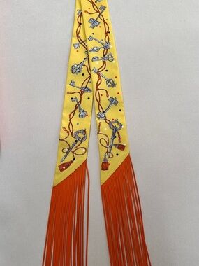Hermès New Les Clés à Pois Leather Fringe Twilly🧡Yellow Silk+ Orange Leather NIB